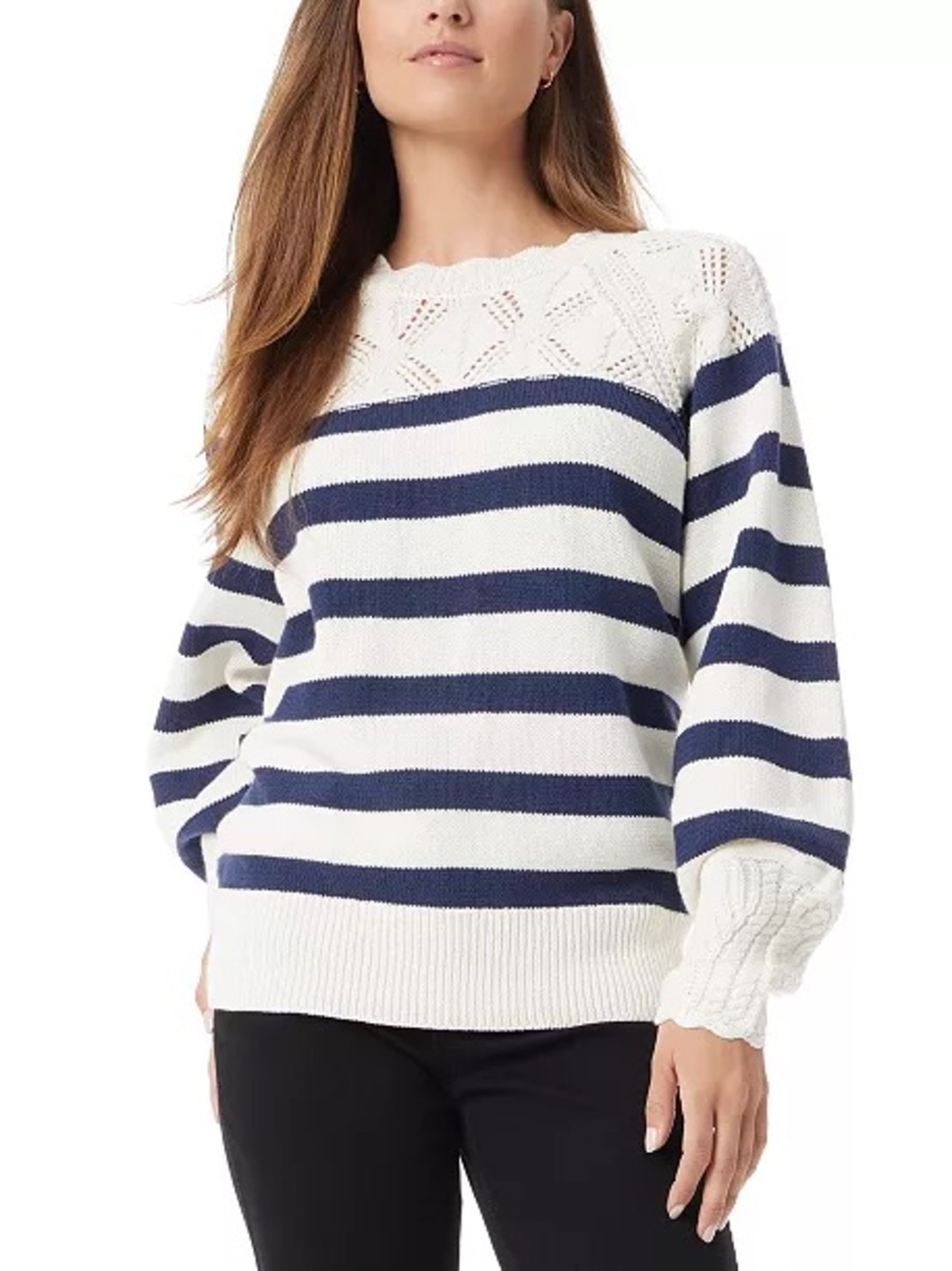 Sam Edelman Navy White Striped Knit Yolk Feminine Crochet Neck Sweater Size XS